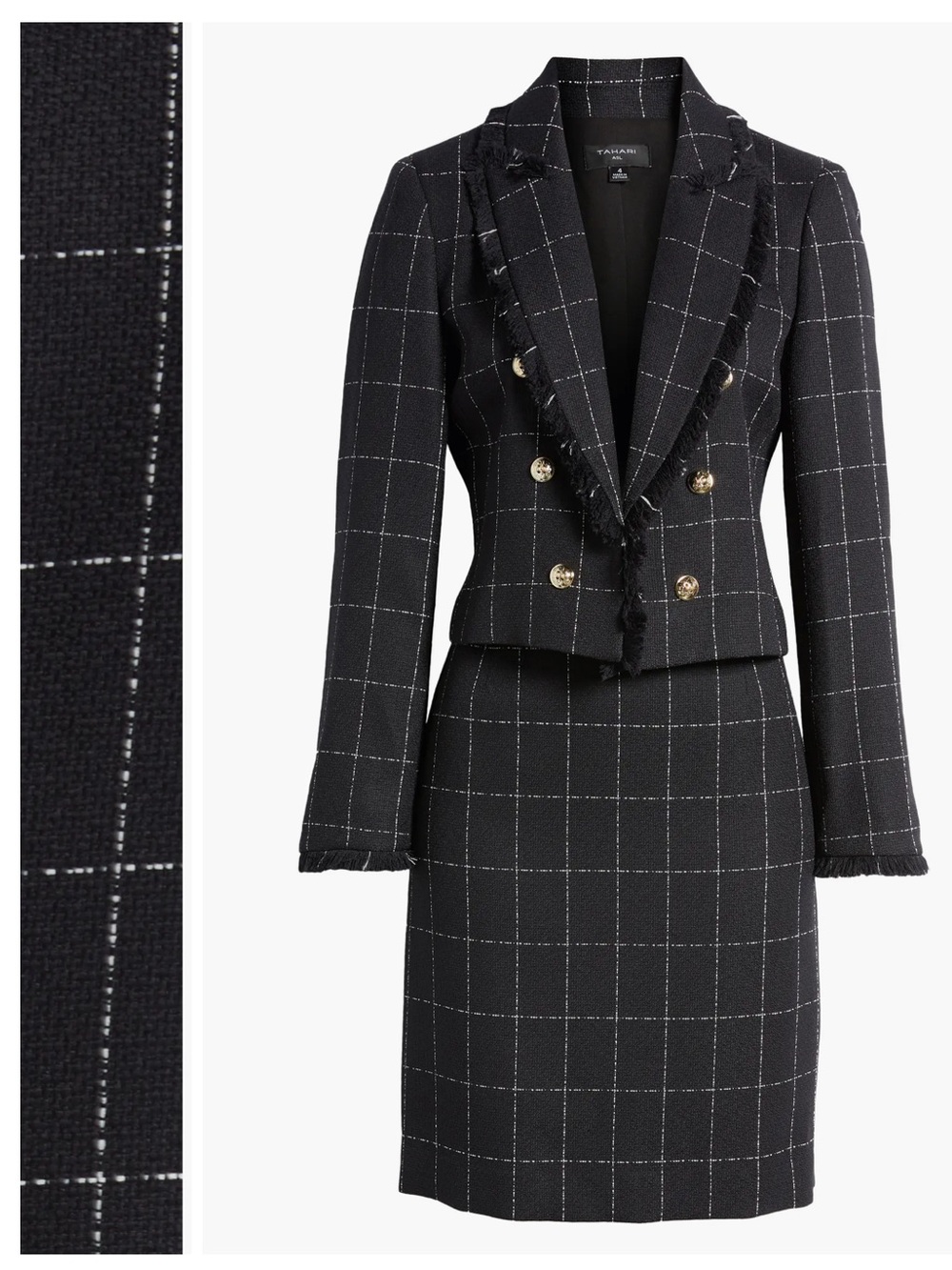 Tahari ASL Black Plaid Fringe Blazer and Skirt Suit Set Size 8